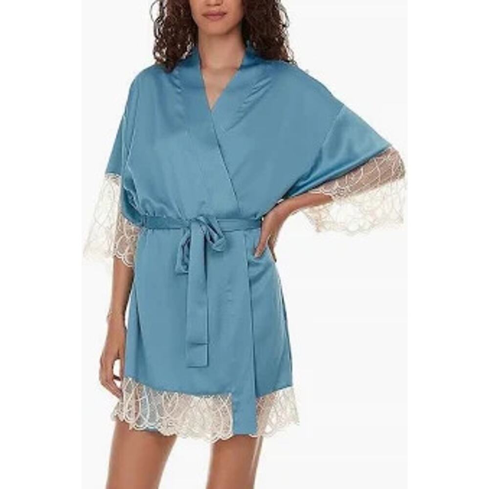 Flora Nikrooz Gabby Lace Trim Satin Chermeuse‎ Wrap Robe Women Large NWT